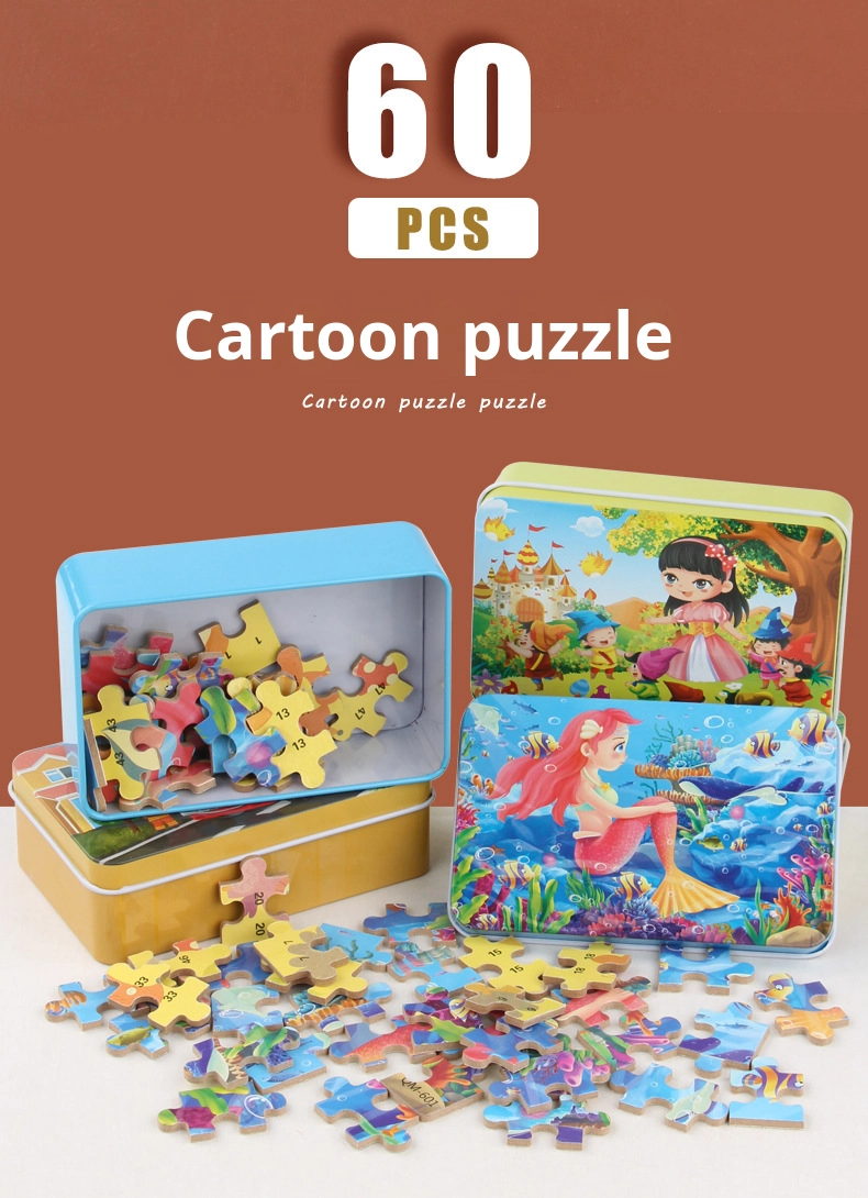 60-Piece Flat Puzzle for Children's Early Education Age 3-6 Iron Box Anime Cartoon Wooden Toys Made From Wood
