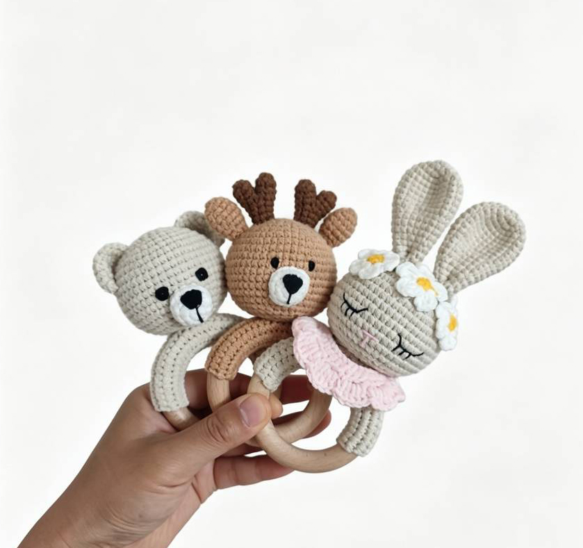 Handmade Crochet Koala Bear Baby Rattle With Wooden Teething Ring Lightweight Ergonomic Handle Chewable Soft Toy For Newborns