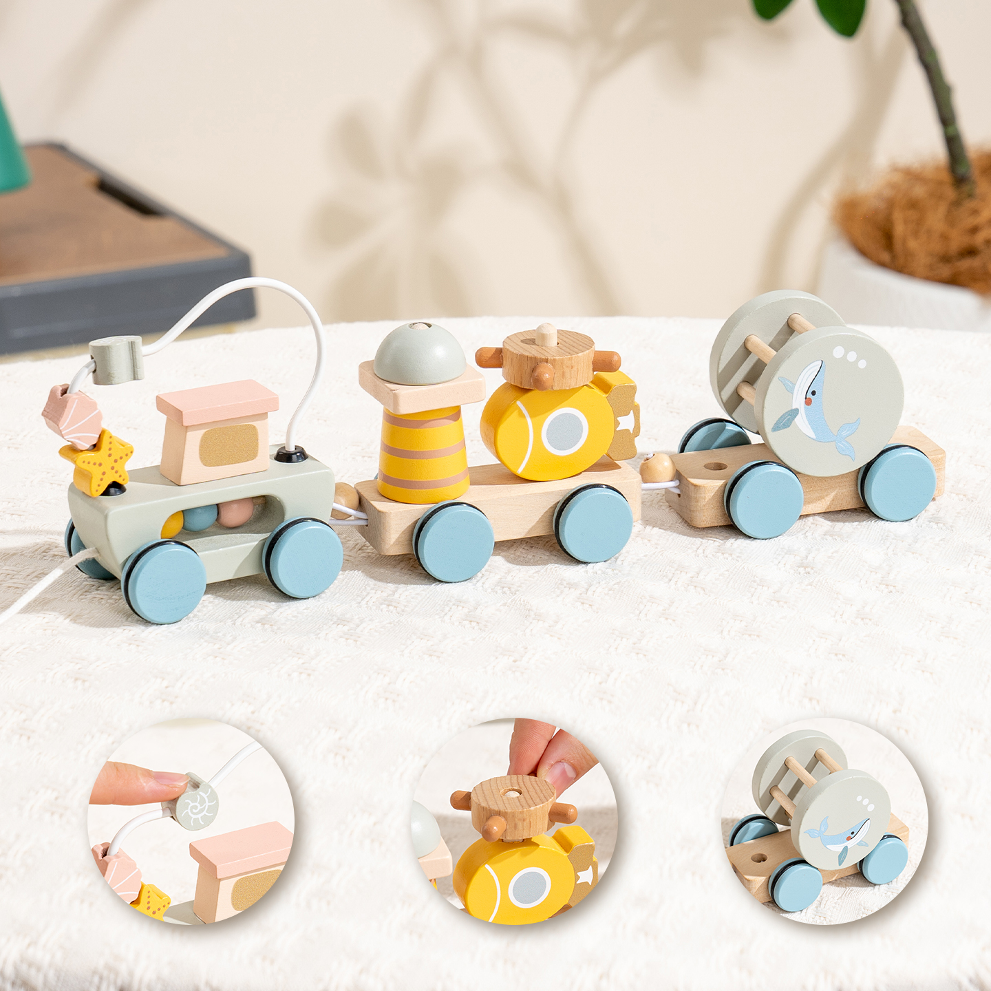Montessori Wooden Animal Pull-along Train Toy Featuring Interesting Animals and Beads for Parent-child Interaction Play.