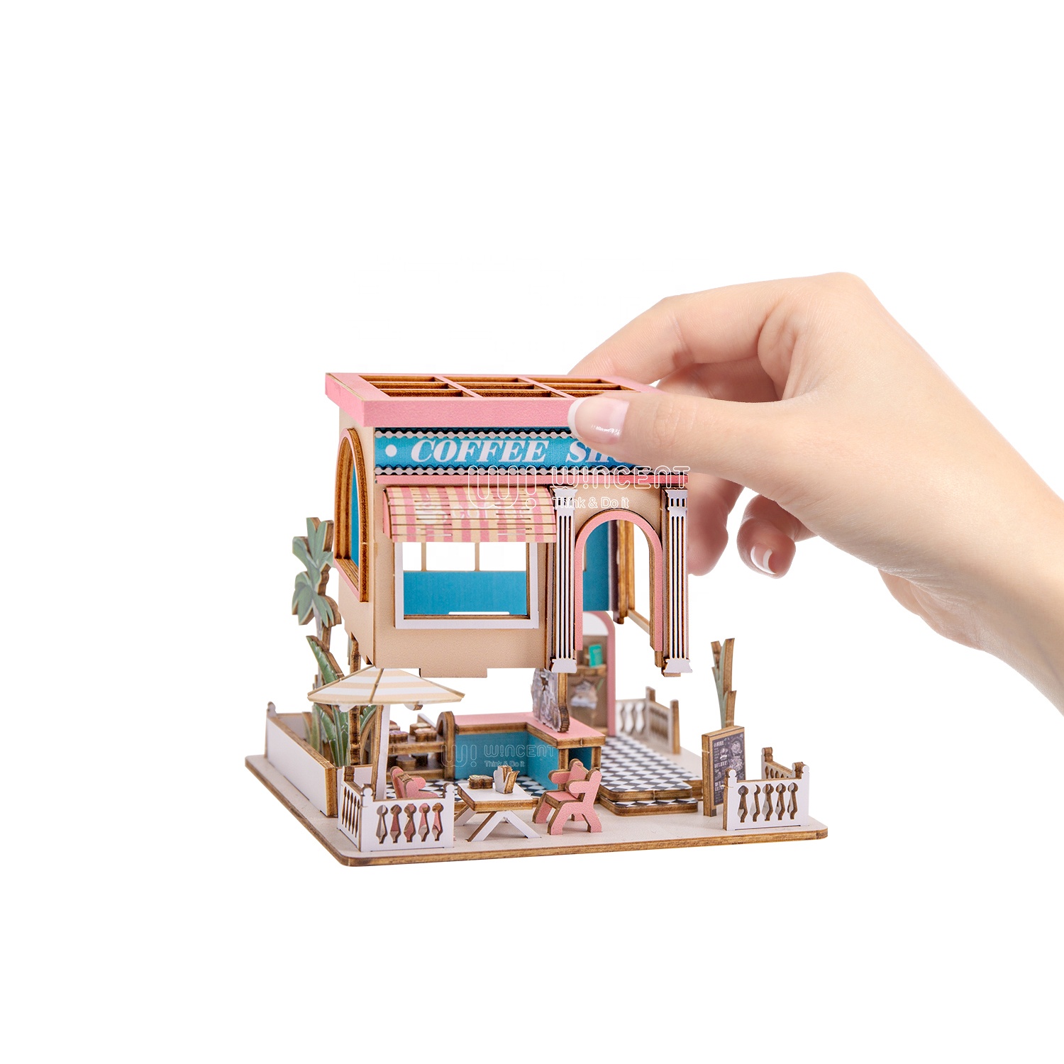 Wincent Wholesale Factory Coffee Shop Wood Doll House Diy 3d Miniature Dollhouse Kit