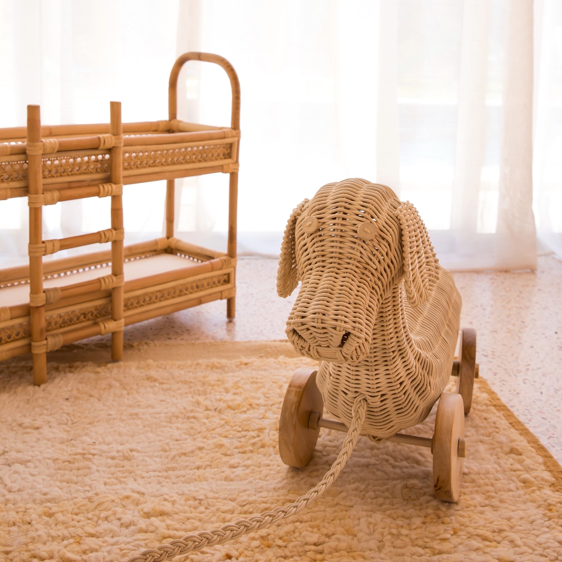 Playful Rattan Dog Pull Along Toy With Wooden Wheels Eco-friendly Durable Rattan Toys for Kids Suitable for Any Playroom