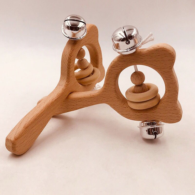 Hot Sale Baby Rattles Wooden Hand Bell Beech Wood Rattles Baby Toy