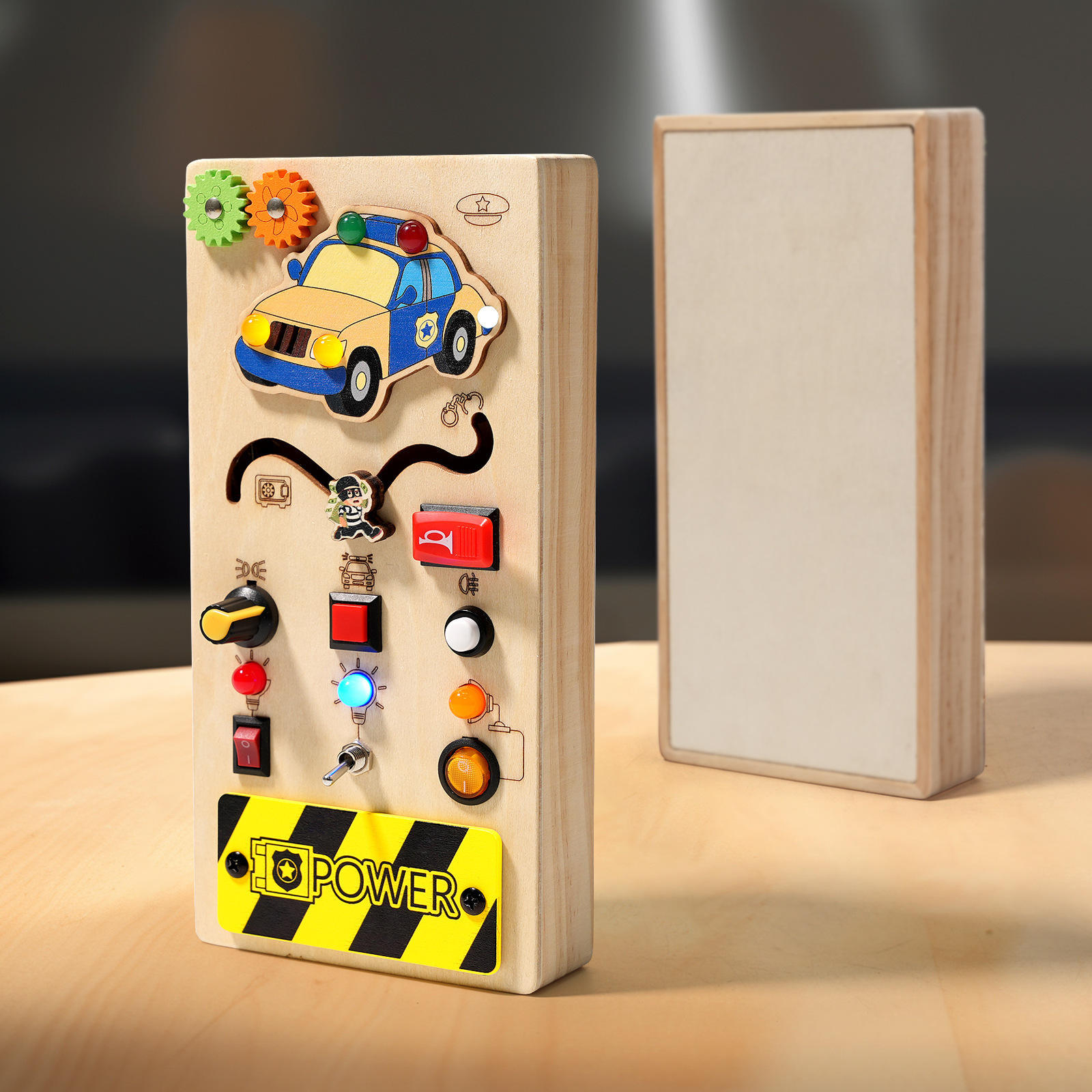 Wooden Driving Busy Board with LED Light Montessori Toys Educational Toy for Kids 3-6 Steering Wheel Control Panel