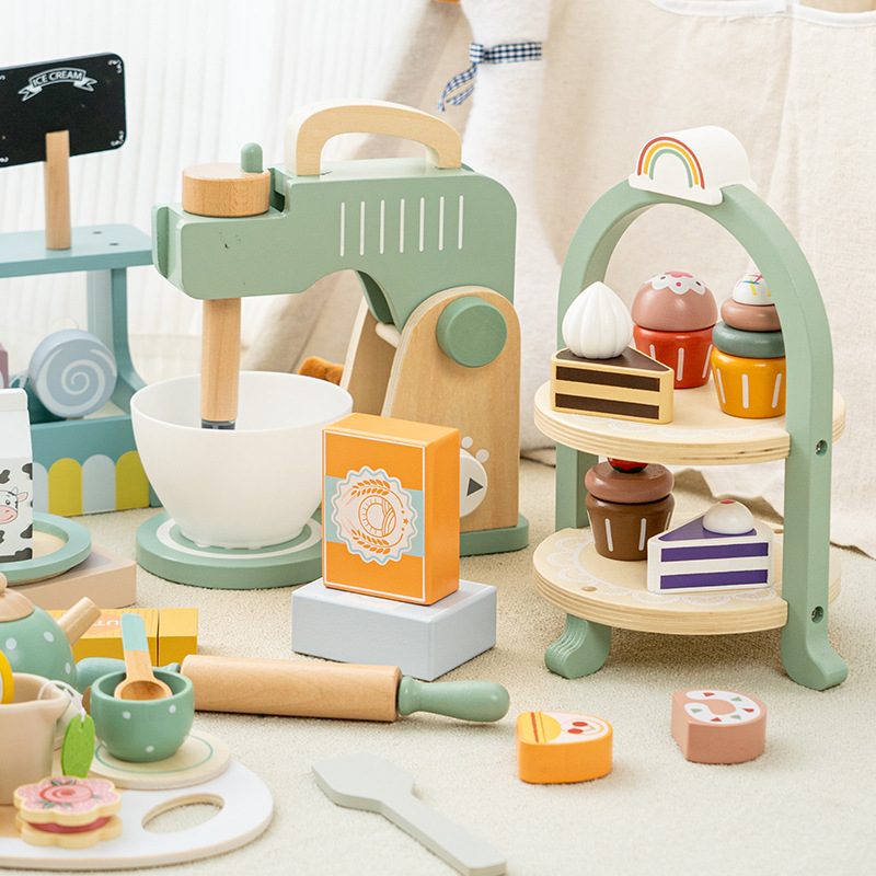 Children's Wooden Toy Pretend Play Afternoon Tea Shop with Coffee Machine and Dessert Role-Playing Store for Kids Boys Girls