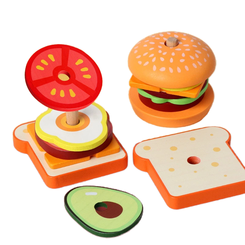 Cross-Border Wooden Children's Burger Fries Sandwich Set Column Matching Food Cutting Kitchen Toys 4-6 Years Old