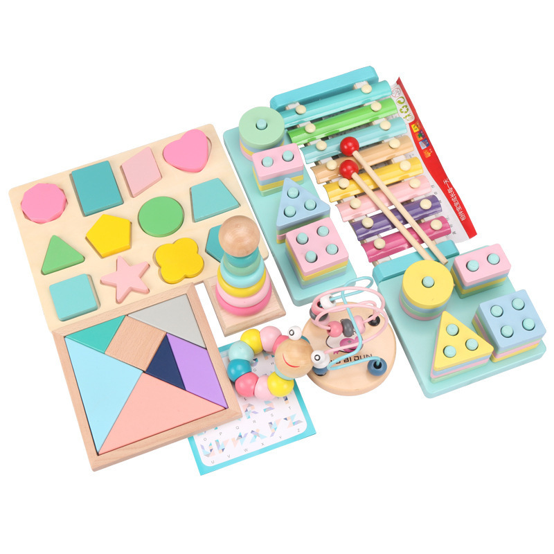 Wooden Educational Toy Set, Preschool Learning Building Blocks, Shapes Sorter, Xylophone, Bead Maze for Kids