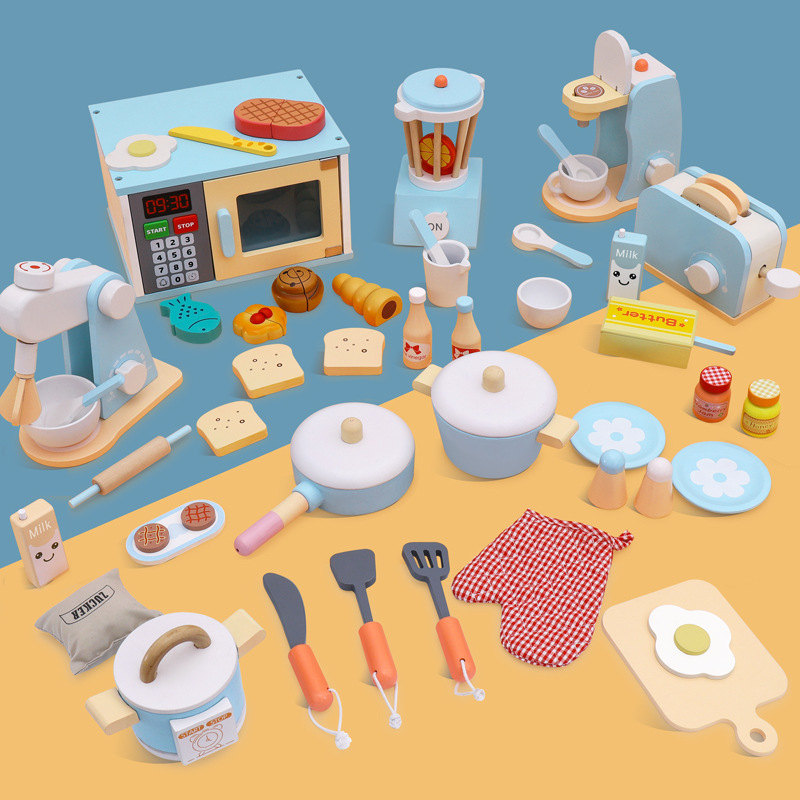 Children's Wooden Simulation Kitchen Food Toys Play Suit Microwave Oven Coffee Maker Bread Maker Juicer Packaged Box Ages 5-7