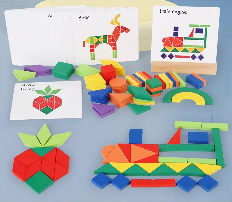 Fun Geometric Shape Puzzle Set Wooden Building Toy Bricks Blocks