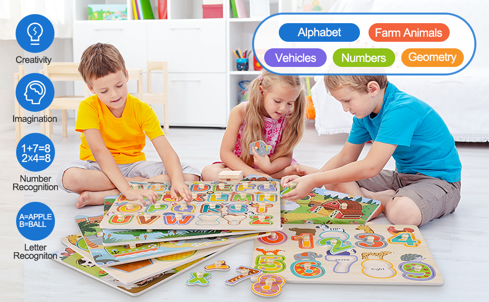 6-pack wooden peg puzzle set with alphabet and numbers