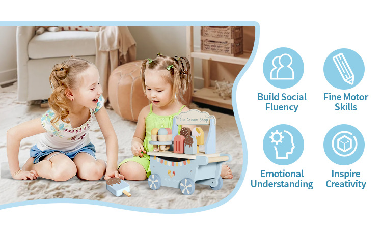 Children Wooden Ice Cream Shop Play to Learn Trolley Role Play Pretend Toy Kids Early Education Wooden Kitchen Toy