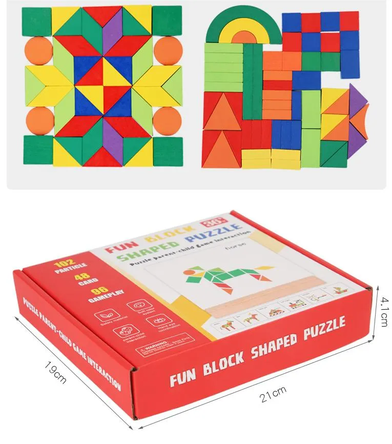 Fun Geometric Shape Puzzle Set Wooden Building Toy Bricks Blocks