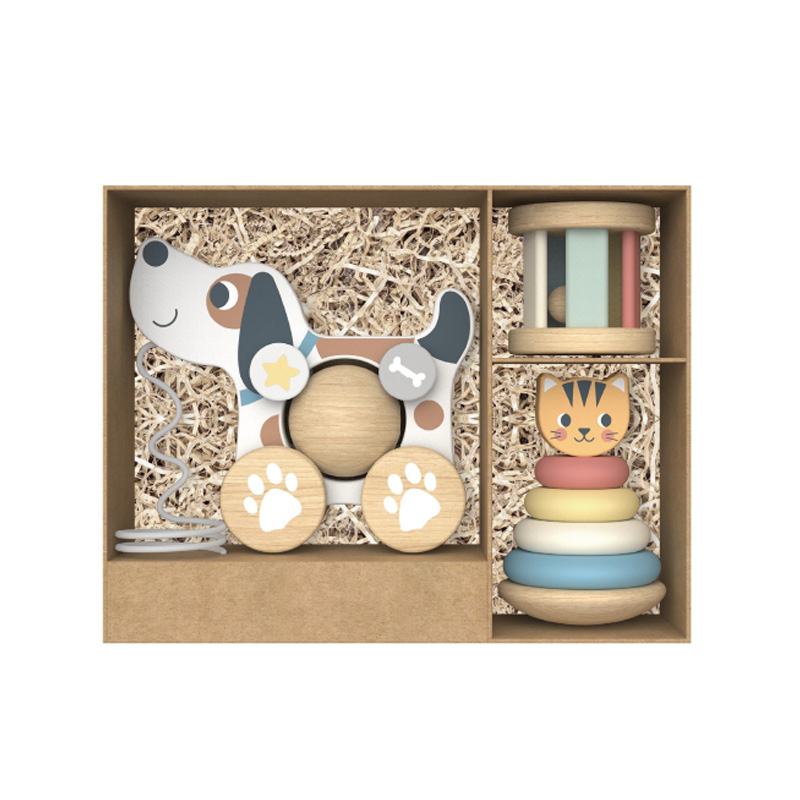 3 in 1 Gift Box Cat Shape Stacking Toy Wooden Rainbow Tower Dog Baby Pull Along Toys Cylinder Rolling Drum Bell