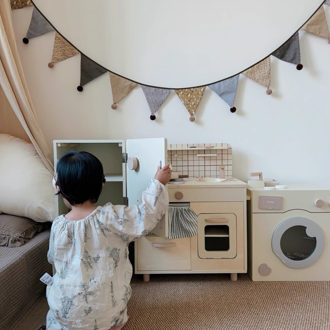 Nordic Style Kitchen Refrigerator Washing Machine Cooking Dollhouse Wooden Children's Simulation Toys Girl Gift