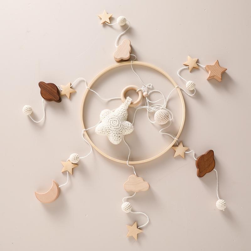 Natural Wooden Star Baby Crib Mobile Toys Nursery Decor Beech Wood Crochet Baby Mobile Felt for Crib