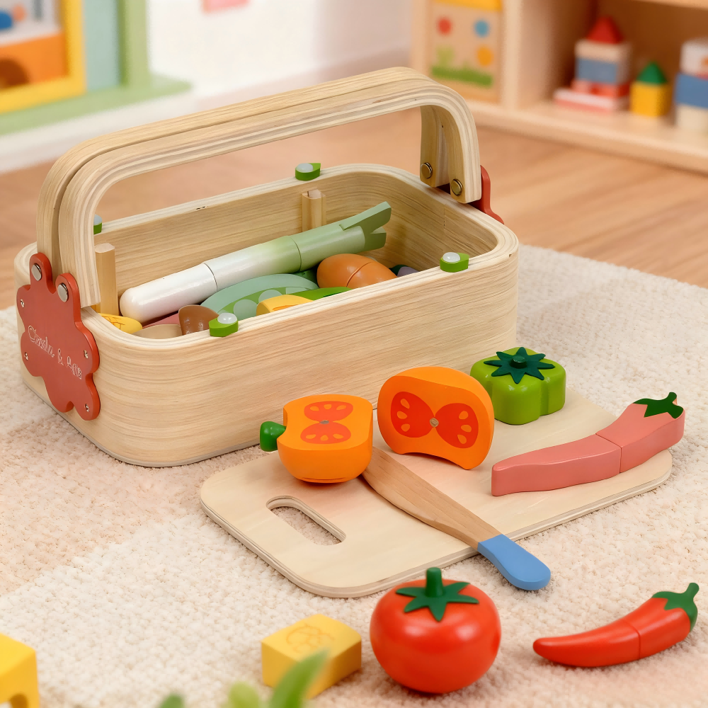 Wooden Play Food for Kids Kitchen Pretend Cutting Food Toys With Wooden Tray Dishes Knife for Kids Pretend Play Food
