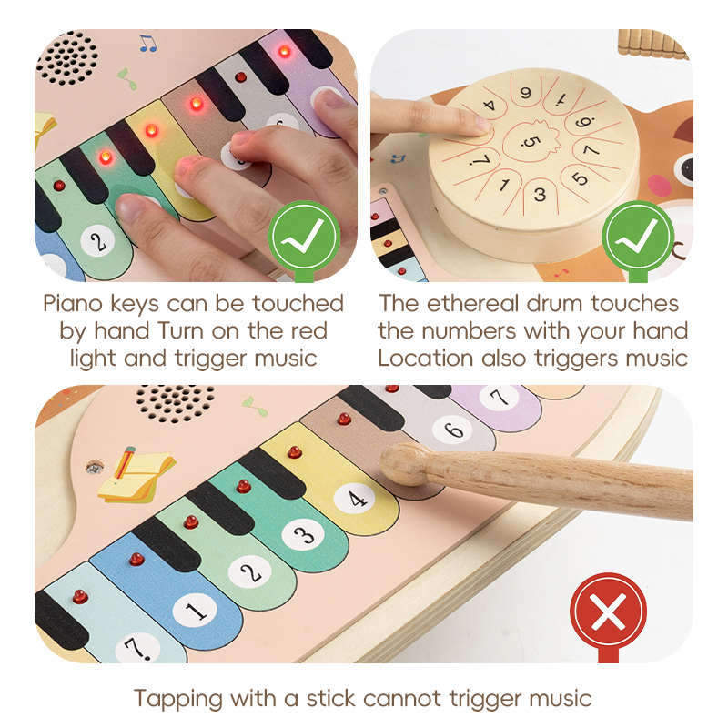 Qiaike Montessori Multifunctional 5 In 1 Music Station Baby Drum Kit Wooden Musical Instruments Toys With Drums Cymbals Piano