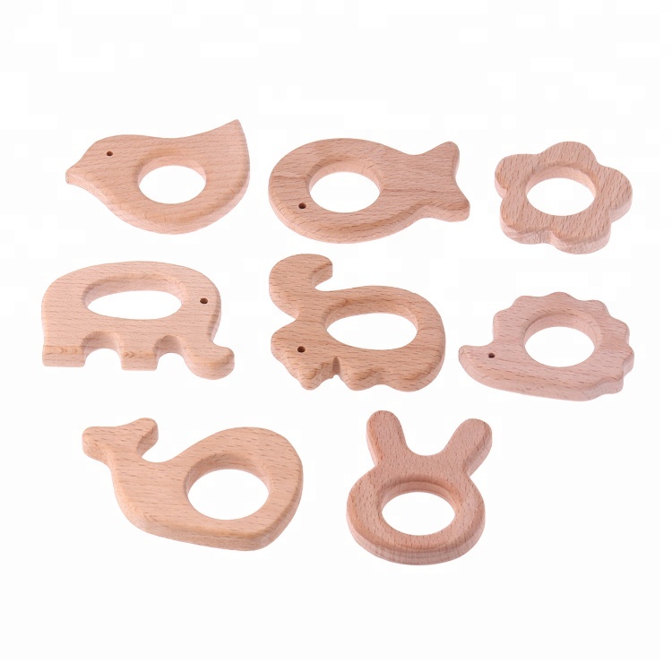 Wholesale Eco-Friendly Safe Baby Natural Wood Color Animal Shaped Wooden Teether Toys