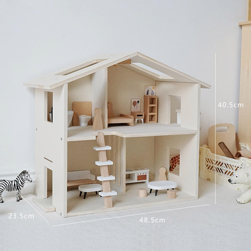 DIY Nordic Style Wooden Pretend Play Role House With Furniture Wooden Doll Play House for Kids