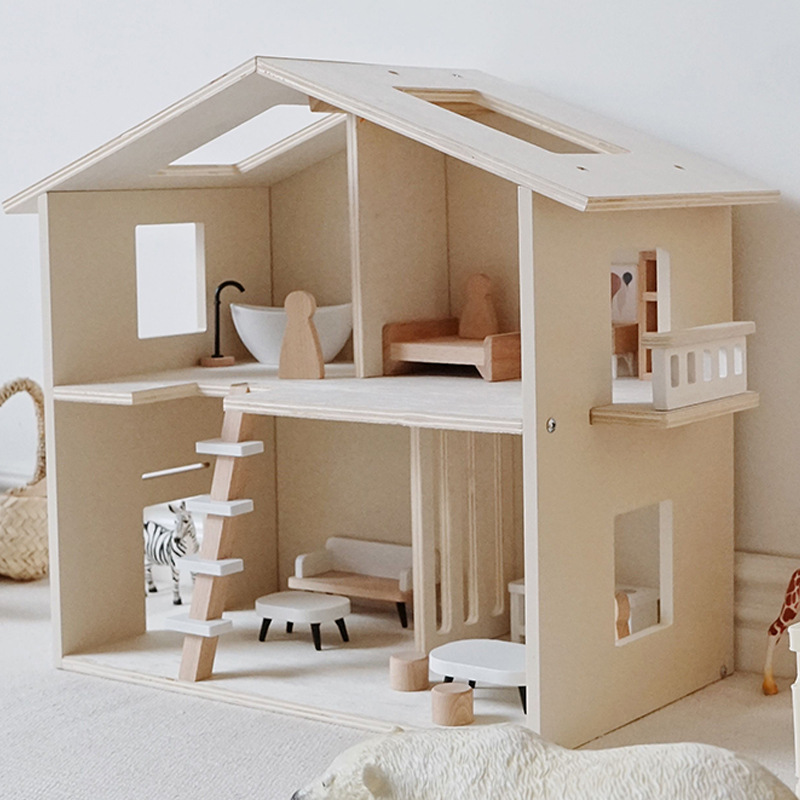 DIY Nordic Style Wooden Pretend Play Role House With Furniture Wooden Doll Play House for Kids