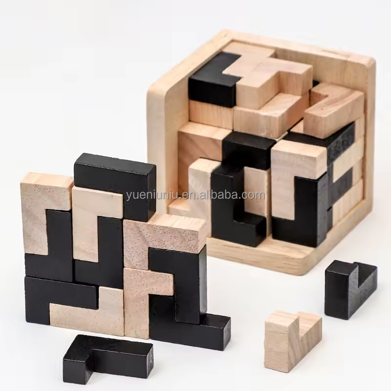 3D Wooden Brain Teaser Cube Wood Puzzles T-Shaped Jigsaw Logic Puzzle Game Educational Toy for Kids and Adults