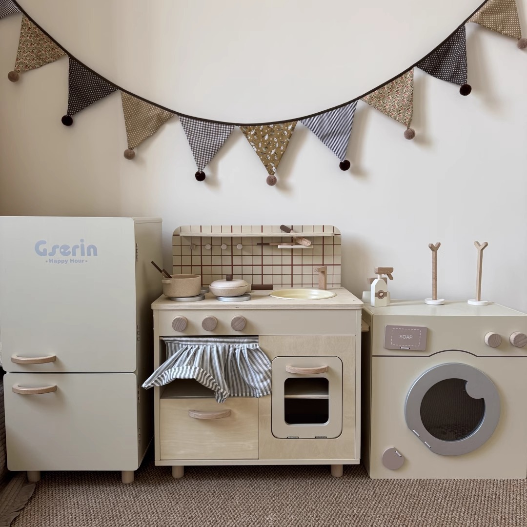 Nordic Style Kitchen Refrigerator Washing Machine Cooking Dollhouse Wooden Children's Simulation Toys Girl Gift