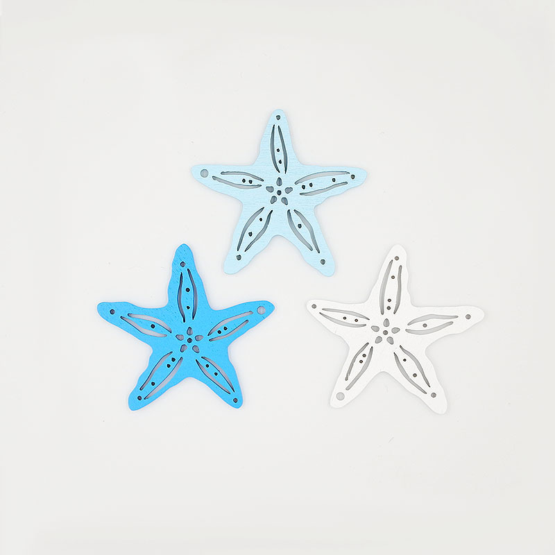 Early Educational Toys Engraved Eco-friendly Natural Wood Blue Starfish Hanging Ornament-Recyclable Christmas Home Decoration