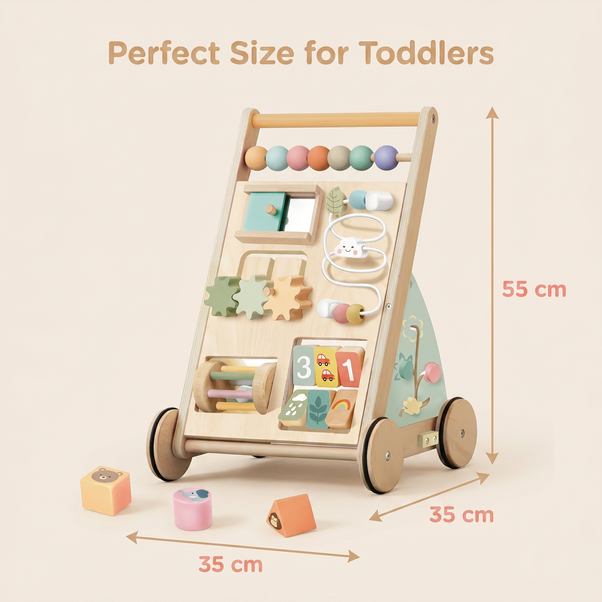 Wooden Baby Walker Multi-Functional Activity Busy Board with Bead Maze Gears Shape Sorter Abacus-Toddler Educational Push Toy