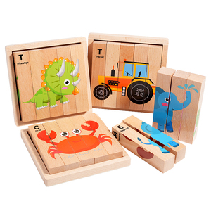 Wooden Animal Chunky Puzzle, 5 Solid Wood Puzzle Blocks with 4 Sides, Montessori Block Puzzle with Durable Base for Toddlers 3+