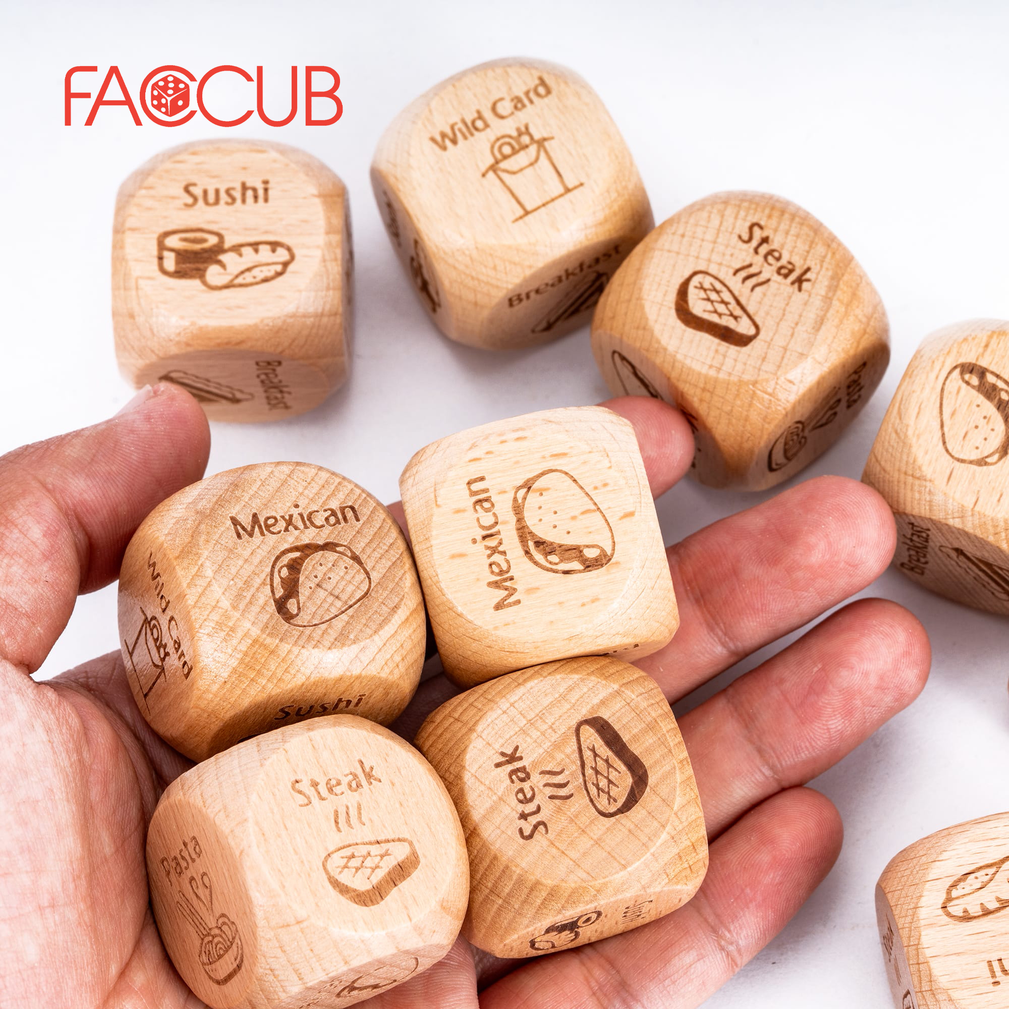 FACCUB Wholesale Factory Price Custom 30mm Big Wooden Dice Games Natural Blank Wood D6 Wooden Gourmet Decision Food Dice