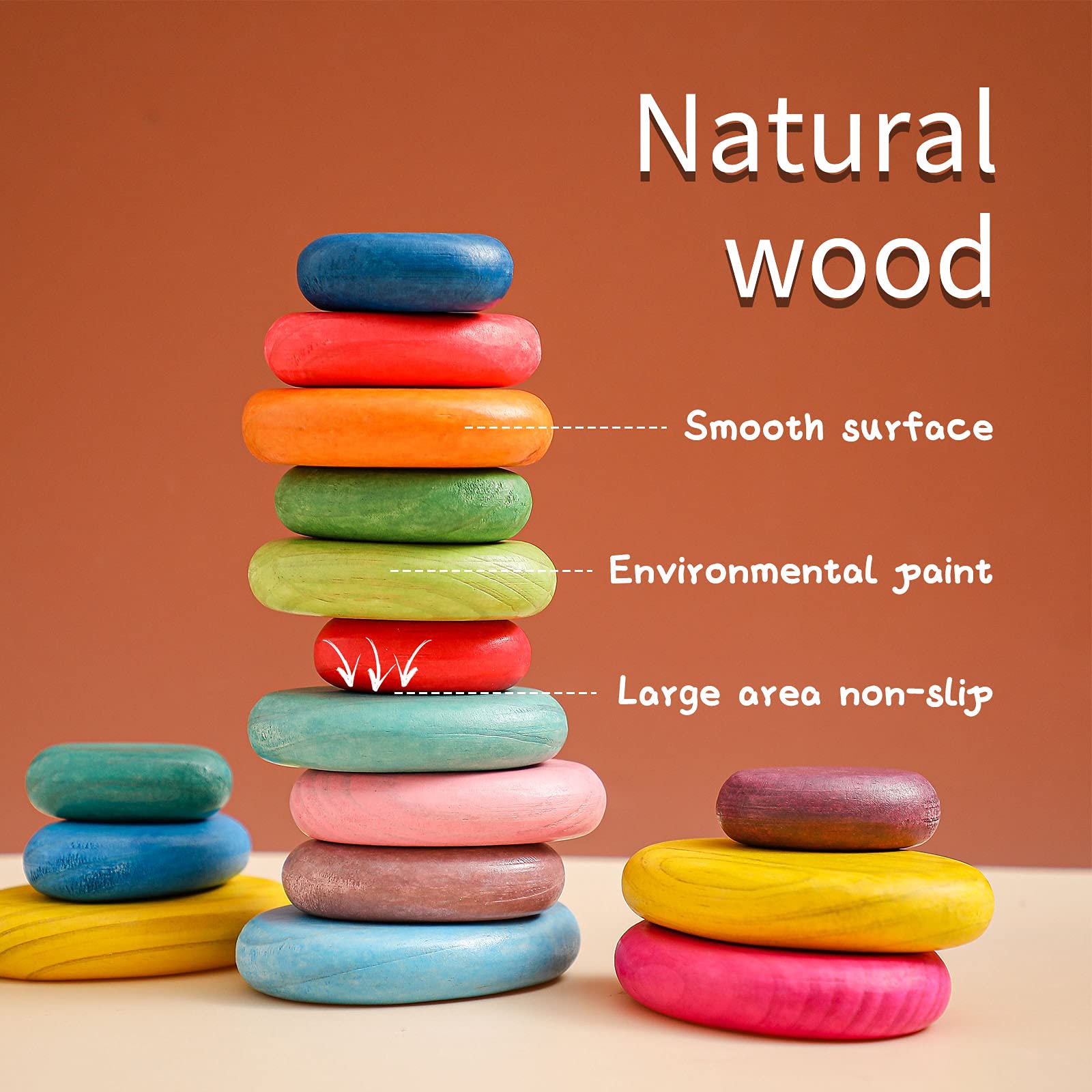 Autism Educational Safe Montessori 16 Pcs Extra-Large Smooth Wooden Sorting Stacking Rocks Toys for 1-3 Year Old