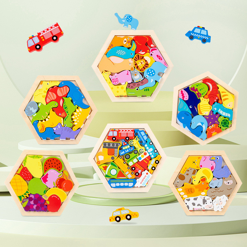 Educational Logic Thinking 3D Geometric Puzzle Toy Kids Shape Match Hexagon Animal Wooden Puzzle