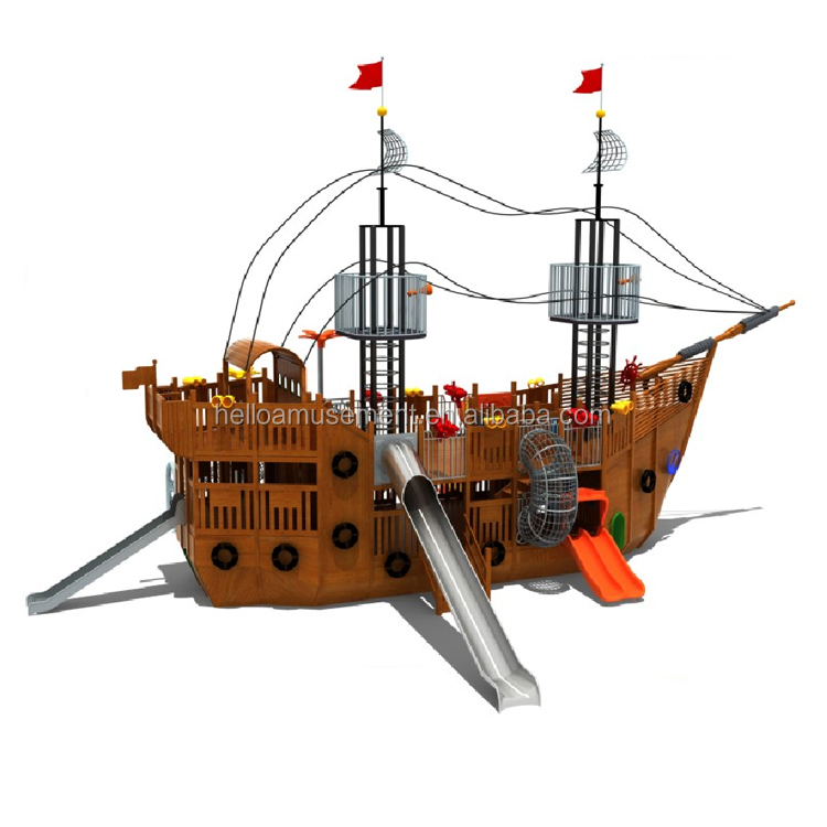 OEM Available Outdoor Park Big Slide Wooden Play Set Pirate Ship Playground