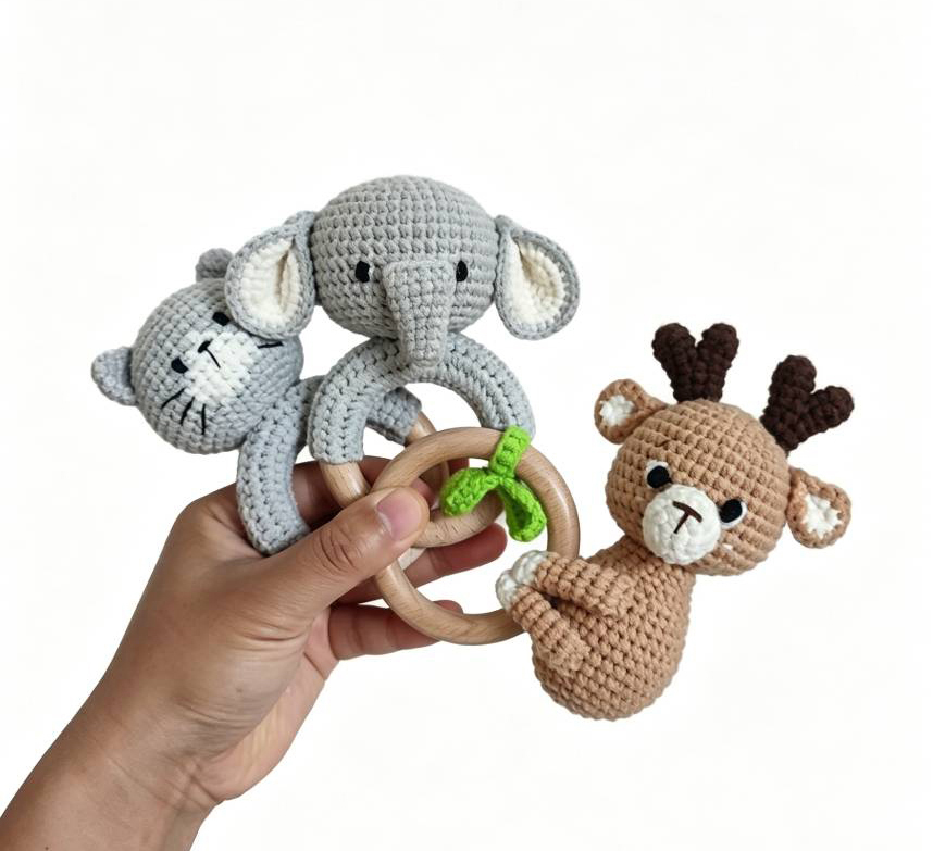Handmade Crochet Koala Bear Baby Rattle With Wooden Teething Ring Lightweight Ergonomic Handle Chewable Soft Toy For Newborns
