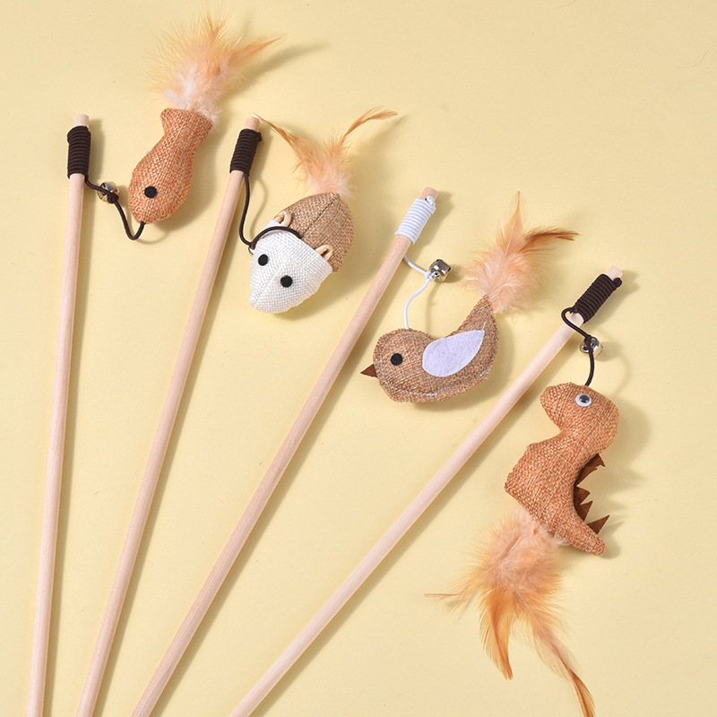 Interactive Eco-Friendly Durable Wood Cat Toy Feather Bell Playing Rod Teaser Linen Wooden Pole Teeth Cleaning Feature