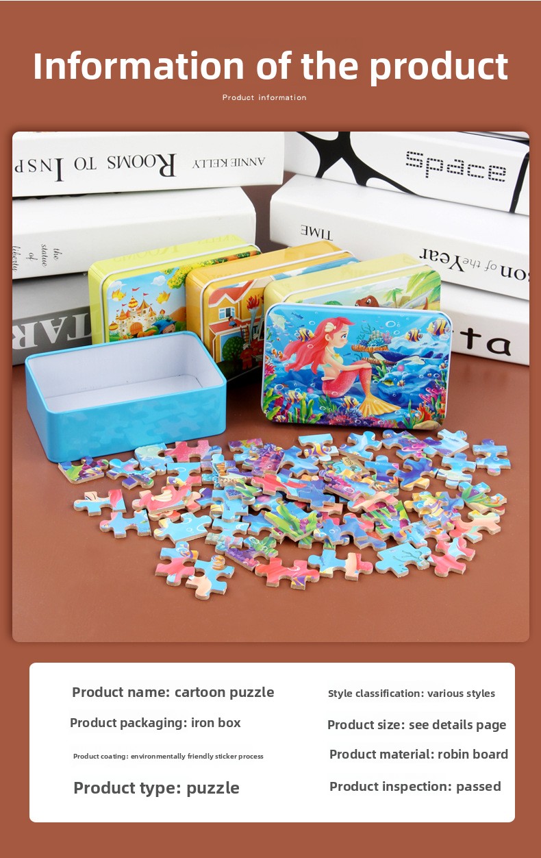 60-Piece Flat Puzzle for Children's Early Education Age 3-6 Iron Box Anime Cartoon Wooden Toys Made From Wood