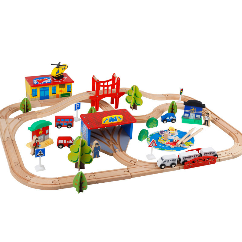 80 PCS Wooden Fishing Game Train Set Railway Play Set for Kids