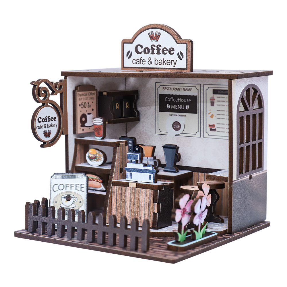 Cross-border New Diy Cabin Coffee House 3D Wooden Assembled Doll House Original Handmade Miniature House 12x12x4cm for Ages 14+