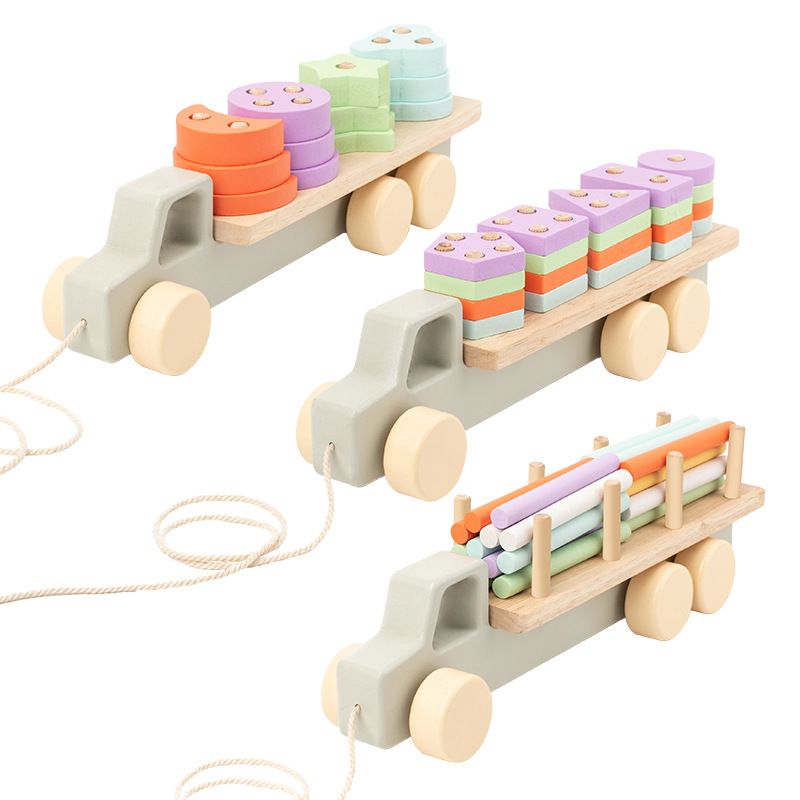Wooden Geometric Shape Column Blocks, 2 in 1 Shape Matching Pull Along Car, Montessori Cognition Early Educational Toys for Kids