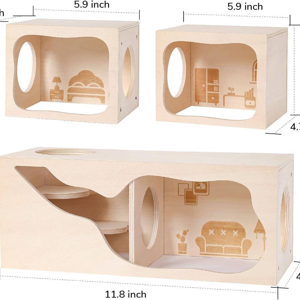Hamster Hideout Eco-friendly Wooden Rectangle House Small Animals Tunnel Exploring Toys for Dwarf Hamsters Syrian Hamsters