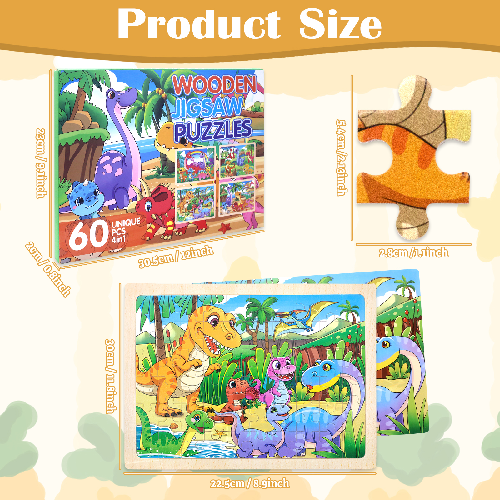 Wholesale 60 Pieces Dinosaur Wooden Puzzle Board 4 in 1 Jigsaw Puzzles Montessori Educational Learning Toys for Kids Toddlers