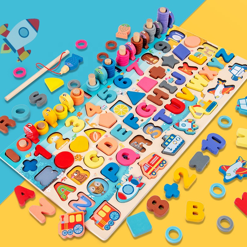 High and Long Wooden Multi-function Toddler Toys Activity Board 6 in 1 Montessori Wooden Games Preschool Wooden Toys Educational