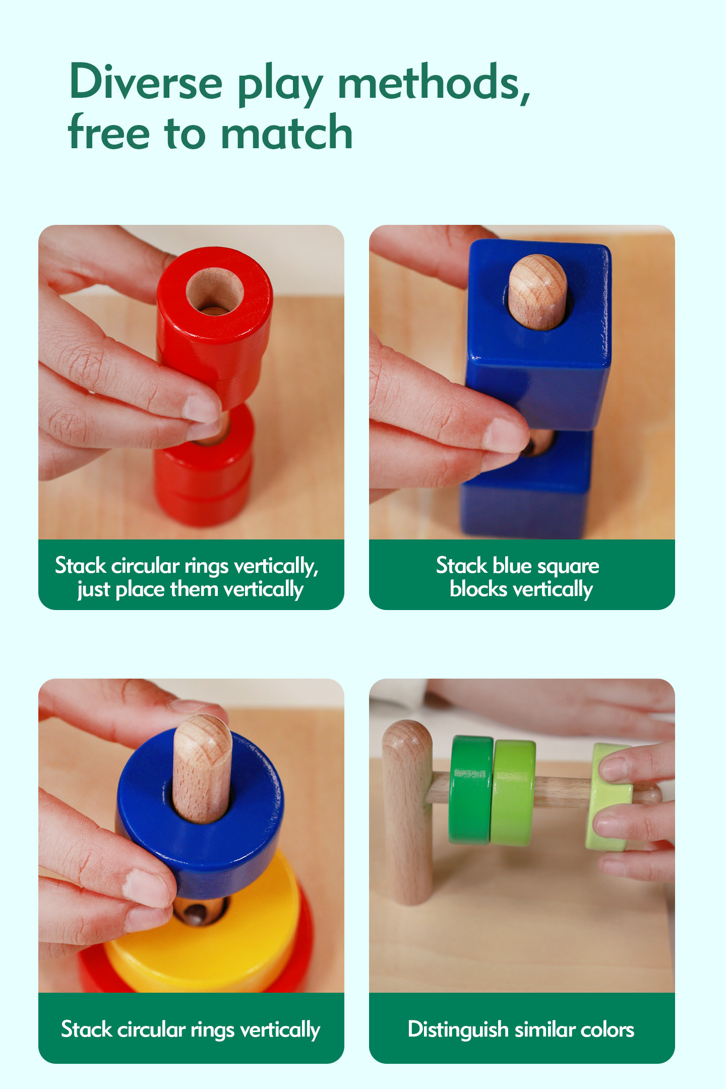 Montessori Wooden Educational Toys for Toddlers 1-3 Years Horizontal Disc Stacking Ring Toy