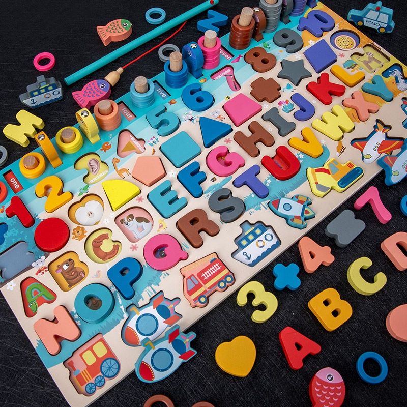 High and Long Wooden Multi-function Toddler Toys Activity Board 6 in 1 Montessori Wooden Games Preschool Wooden Toys Educational