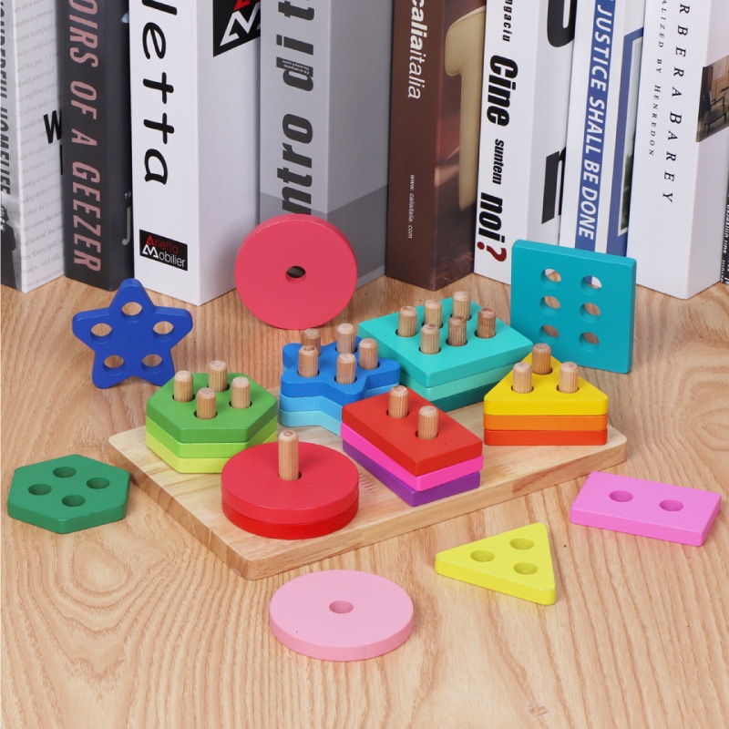 Five Sets Children's Wooden Montessori Geometric Shape Columns Early Education Matching Intelligence Educational Toys