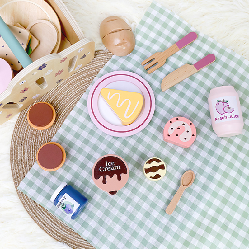 Youlebei Montessori Wooden Picnic Children's Pretend Play Food Set Basket Educational Outdoor Toy 3-8 Years Unisex Sample