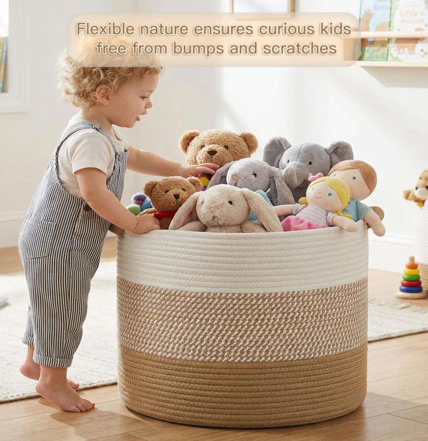 Large Cotton Rope Basket, Decorative Woven Blanket Storage Boho Toy Storage Toy Box For Kids, Versatile Nursery Hamper