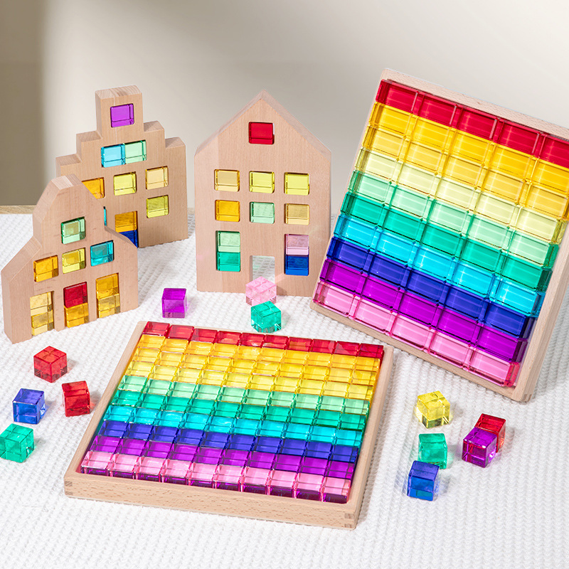 Children Transparent Eco-Friendly &amp; Colorful Stacking Cubes Montessori Educational Toys Magic Gems Acrylic Cube Wooden Building Blocks