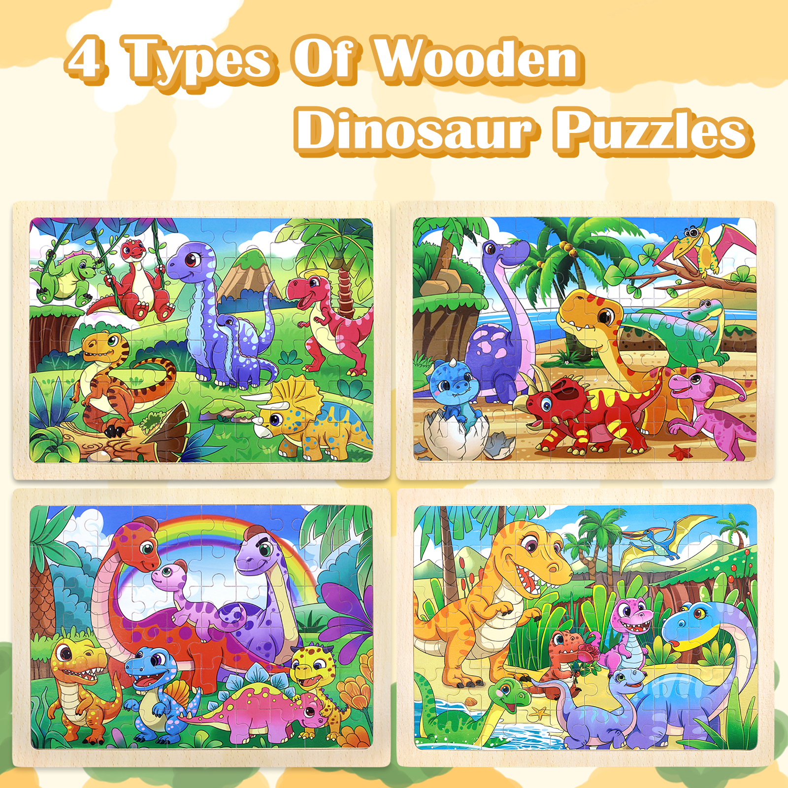 Wholesale 60 Pieces Dinosaur Wooden Puzzle Board 4 in 1 Jigsaw Puzzles Montessori Educational Learning Toys for Kids Toddlers