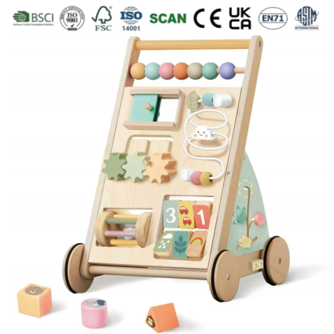 Wooden Baby Walker Multi-Functional Activity Busy Board with Bead Maze Gears Shape Sorter Abacus-Toddler Educational Push Toy