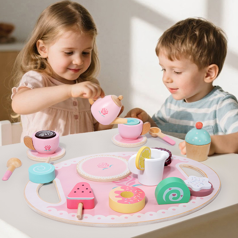 Unisex Educational Afternoon Tea Set Pretend Play Toy MDF Wooden Kitchen Play Set for Kids EN71 Certified Box Packed